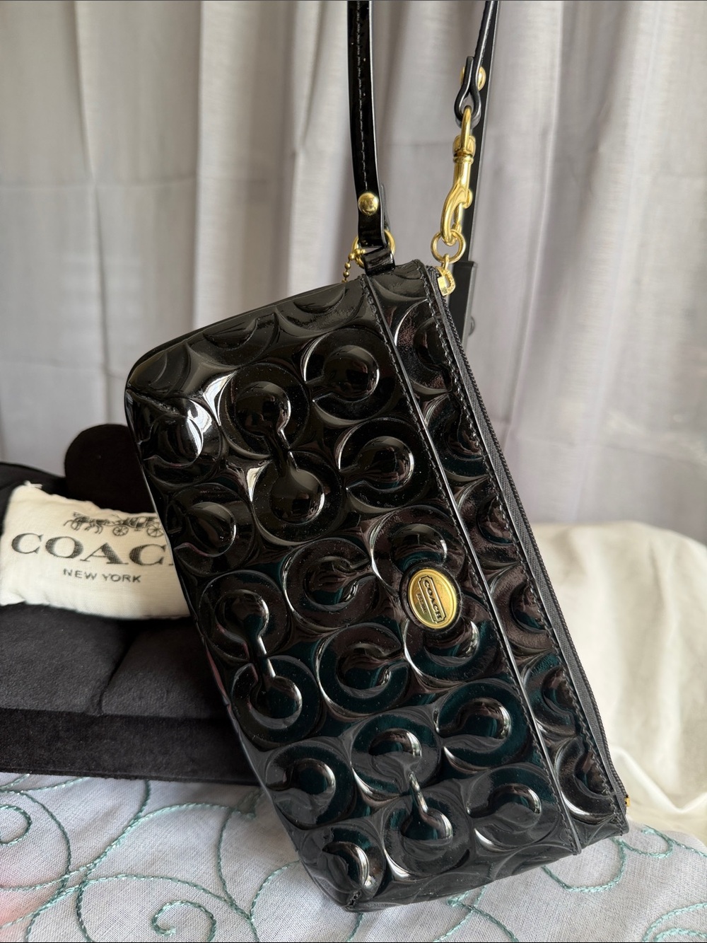 Coach Peyton Op Art Embossed Patent Leather Wristlet
